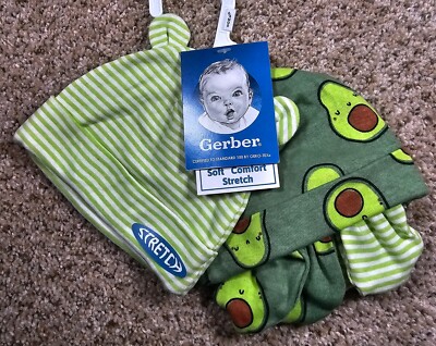 Gerber  4-Piece Baby Neutral Green & White Avocado Caps & No Scratch Mittens Set