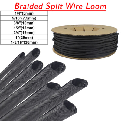Split Braided Cable Sleeve Cord Manage Self-Wrap Wire Loom Tubing 3'&25'Length
