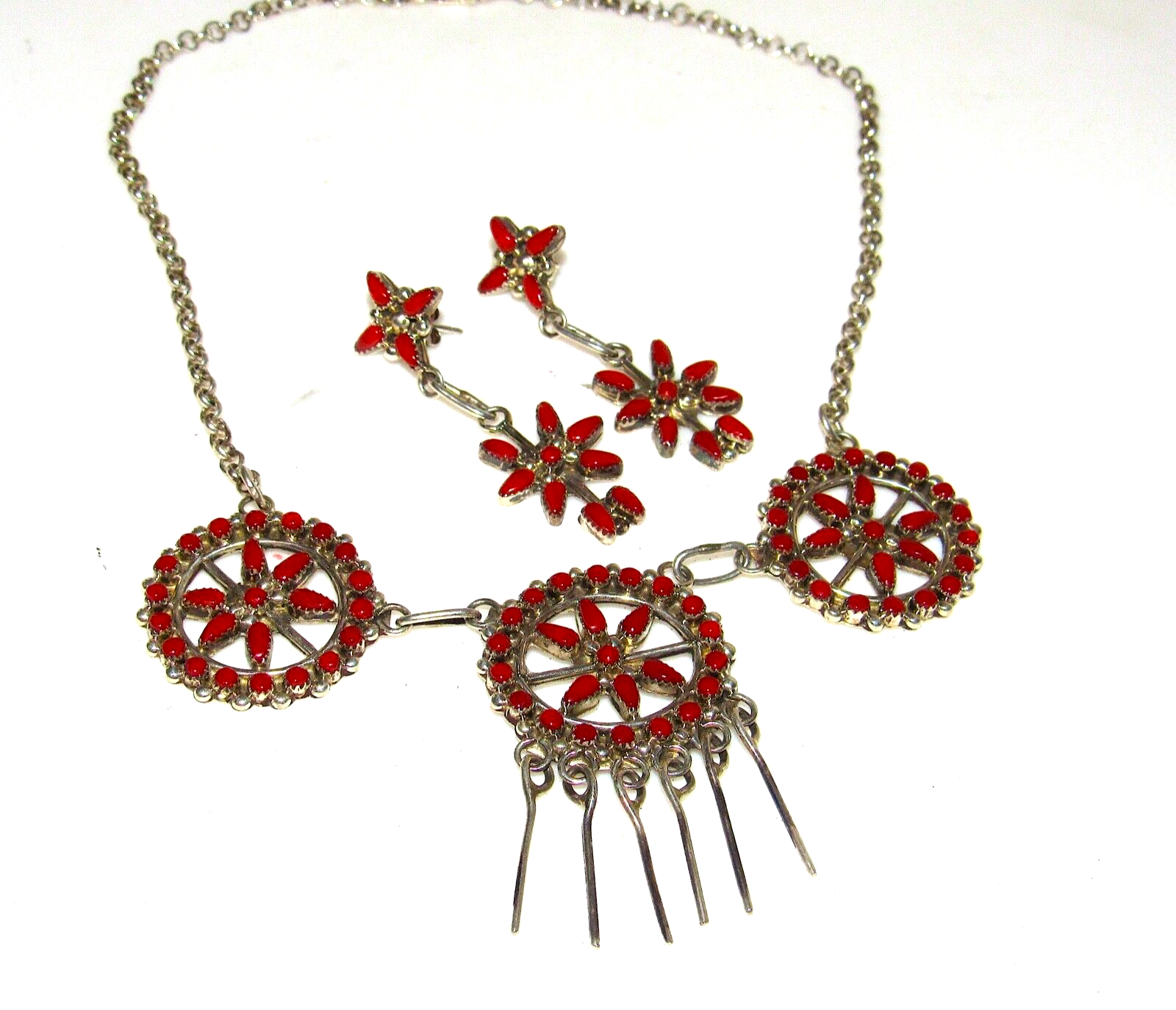 VTG Zuni Coral Necklace and Earrings Set Sterling Silver Native