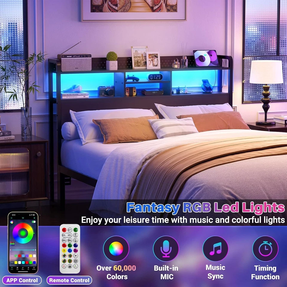 Headboard with Storage Shelf and RGB LED Lights and Power Outlets, Stable, Black - Image 4 of 4