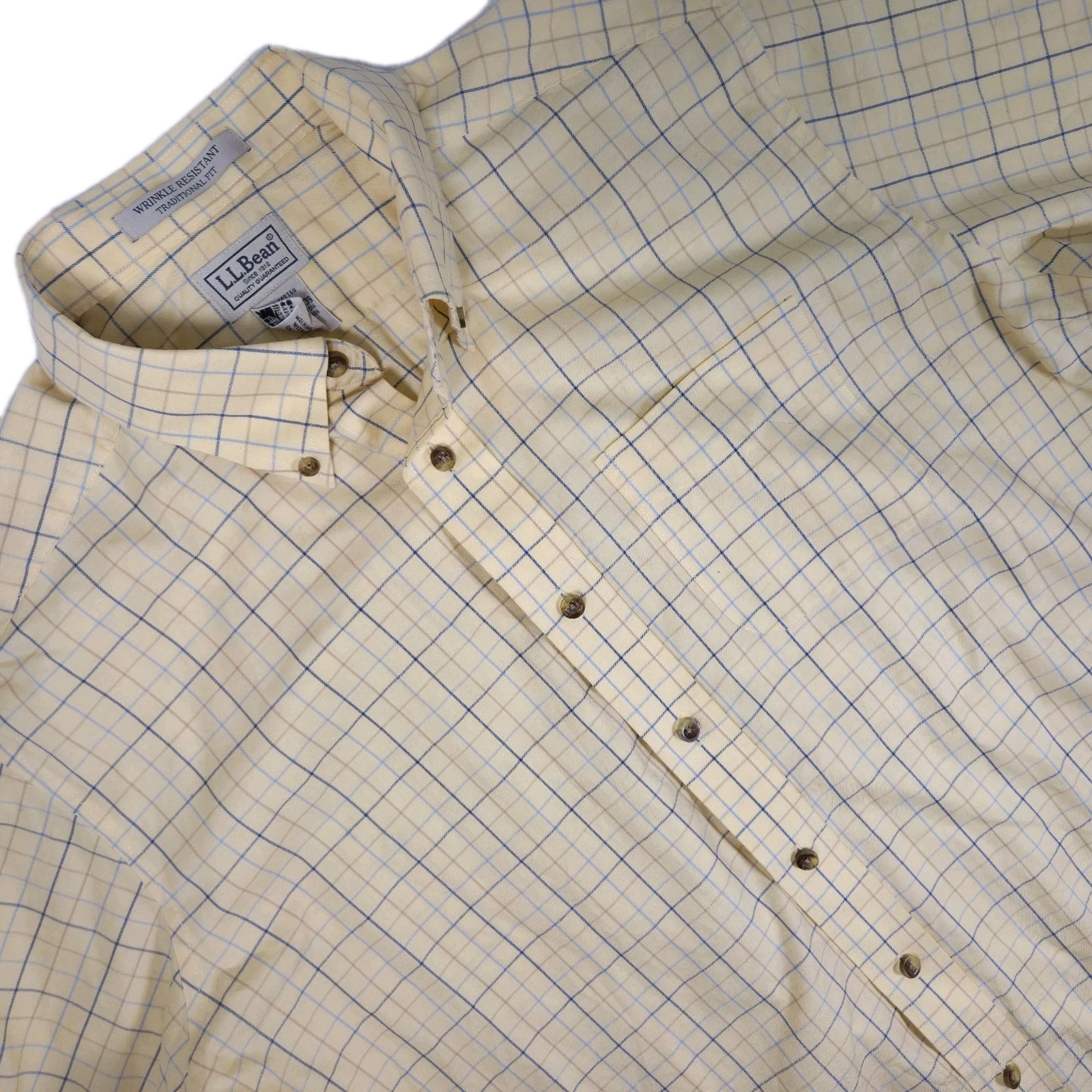 LL Bean Plaid Button Down Shirt Short Sleeve Traditional Fit Mens Large Yellow