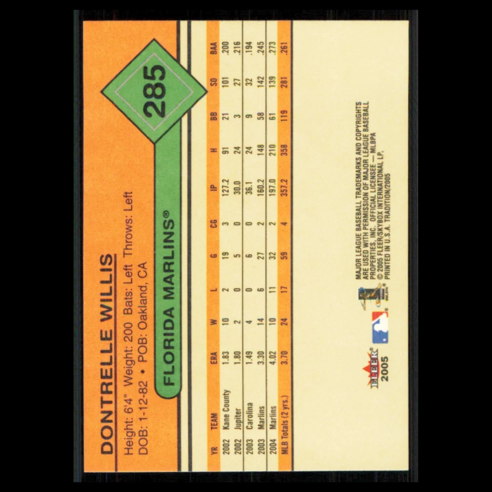 Dontrelle Willis #285 2005 Fleer Tradition Florida Marlins Baseball Card MLB NM - Image 2 of 3