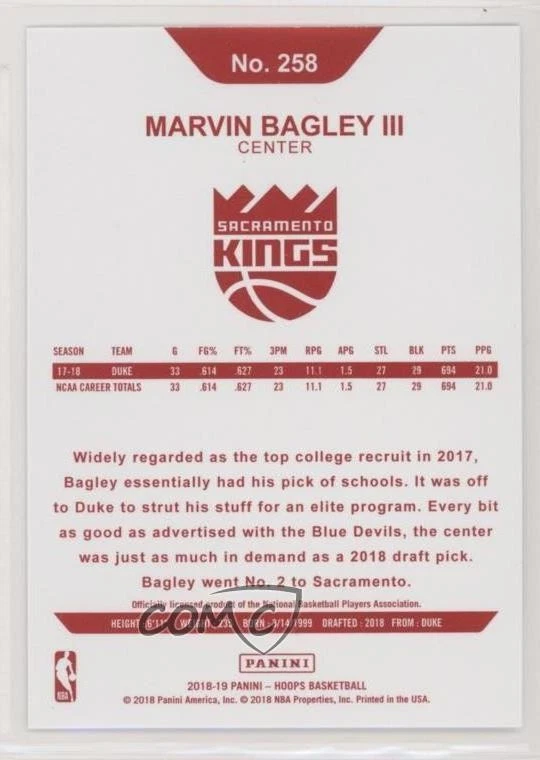 2018-19 Panini NBA Hoops Red Back Marvin Bagley III #258 Rookie RC - Image 2 of 2