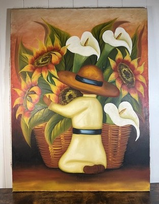 Vintage Mexican Folk Art Flower Vendor Oil Painting Calla Lily Sunflower Rivera
