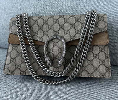 Gucci Dionysus GG Supreme Shoulder Bag Beige Ebony Canvas Tiger Head Chain