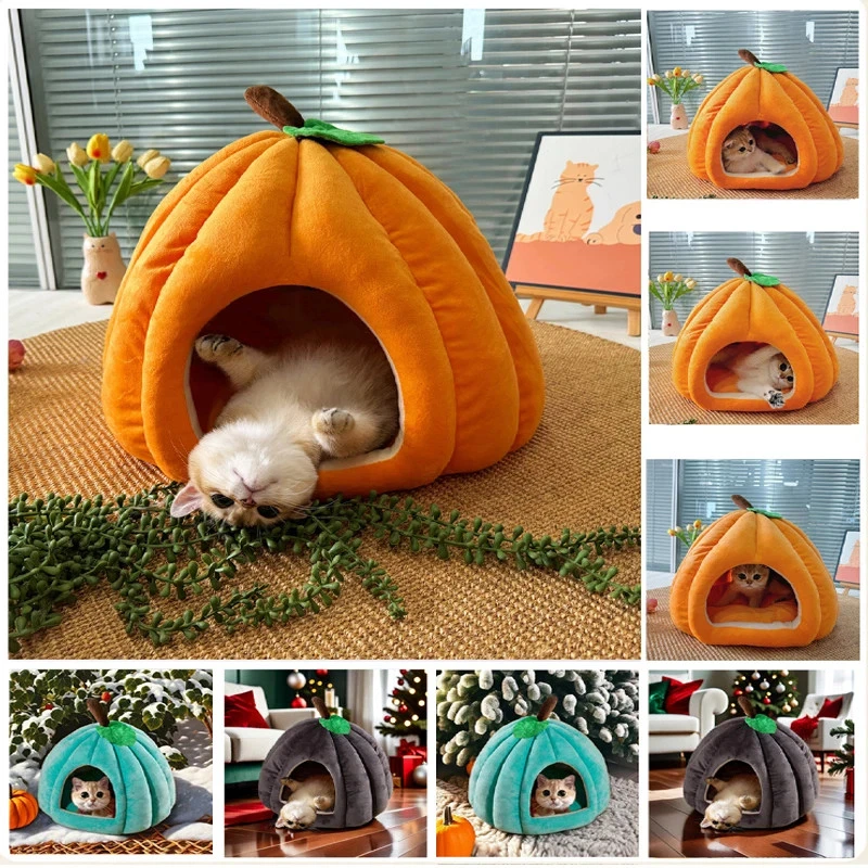 3D Pumpkin Pet House Semi Enclosed Warm Bed Removable Cushion Non Slip Cotton