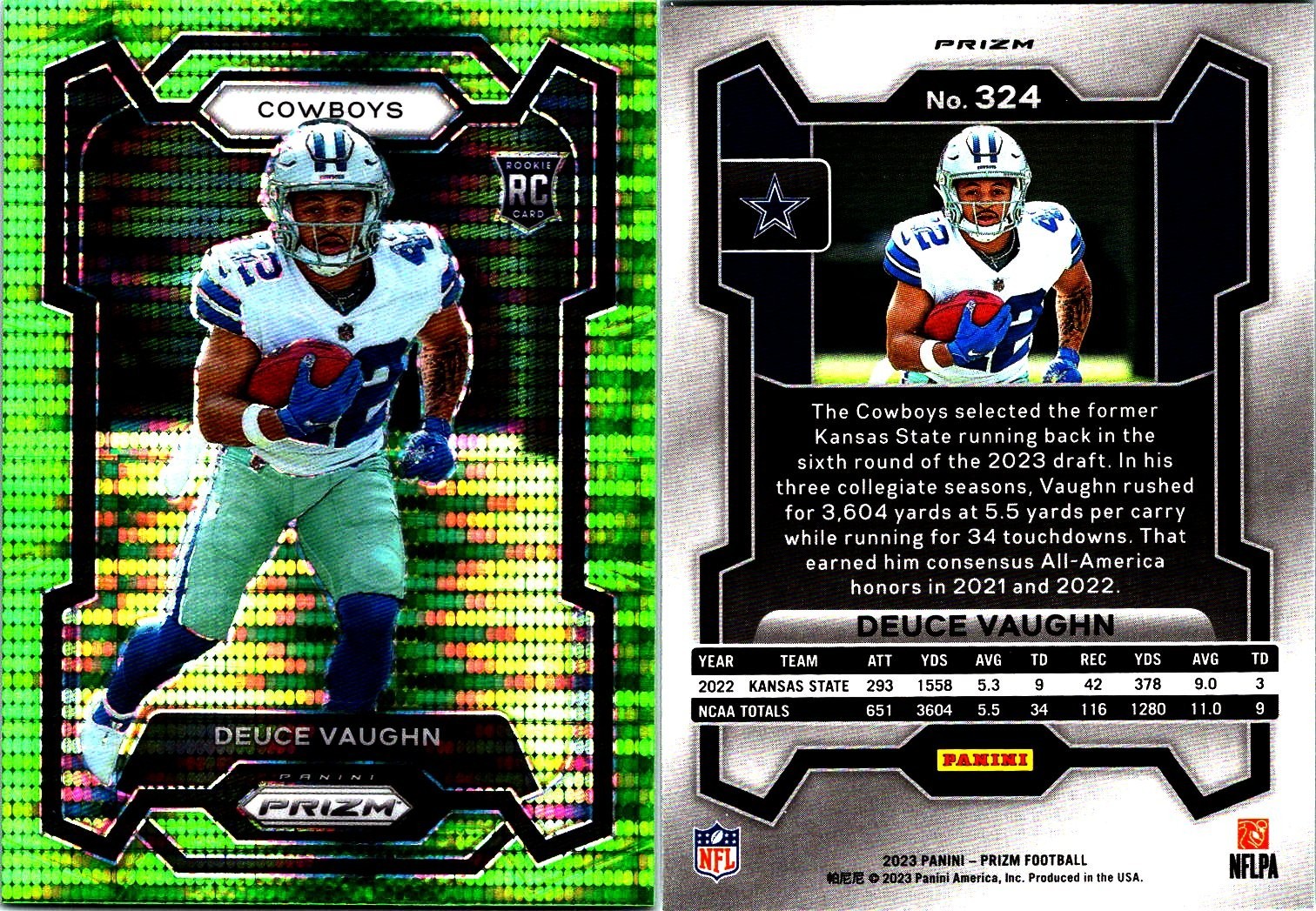 2023 Panini Prizm Deuce Vaughn #324 Neon Green Pulsar RC Dallas Cowboys Rookie