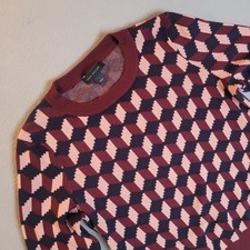ANN TAYLOR S Geo Jacquard Sweater Top Burgundy Pink Navy Crew Neck Mod Retro