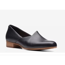 Clarks Juliet Soft Leather Black Loafers Block Heel Comfort Slip On Shoes 6M NEW