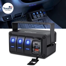 3 Gang Rocker Switch Panel Blue Backlit with PD Type C and USB Charger Voltmeter