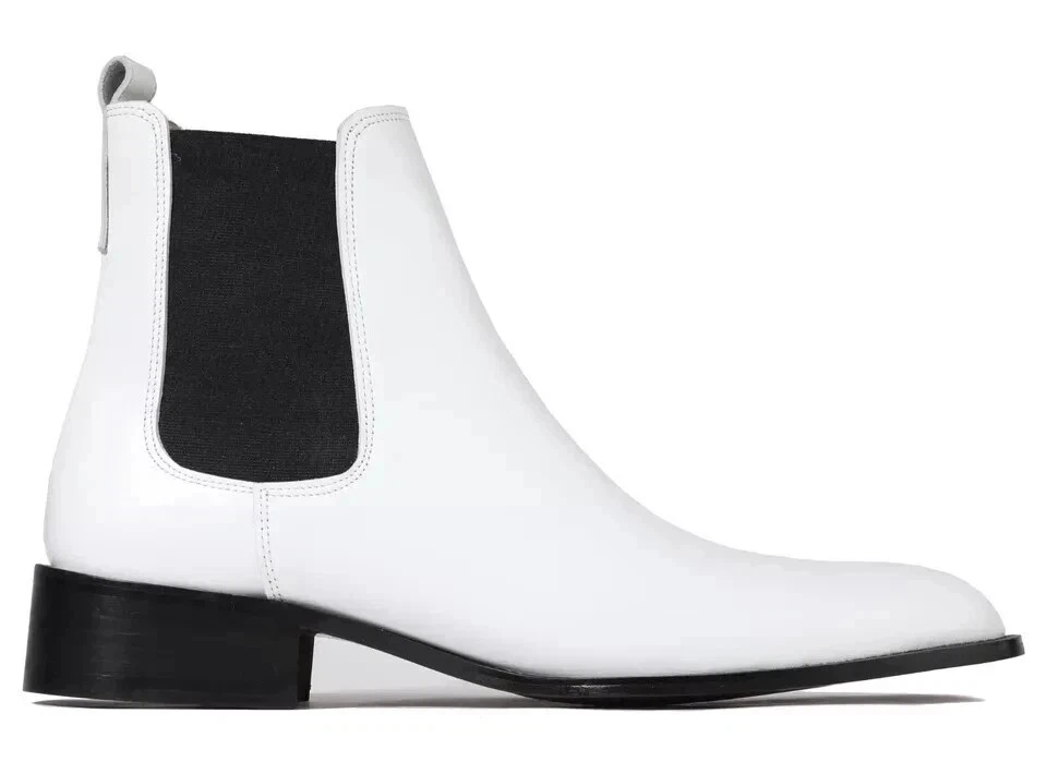 Botas formales de vestir Chelsea de cuero genuino blanco hechas a mano para hombre Foto 3 de 4