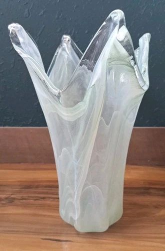 Vintage Murano Glass Vase 12"T Green Swirl Design Hand Blown