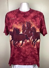 Vtg 1998 Habitat Horses Tie Dye T-Shirt Wrap Around Graphic Tee Western Red L