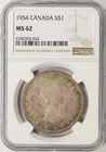 1954 Canada Silver Dollar $1 NGC MS62 Multi Color Toning