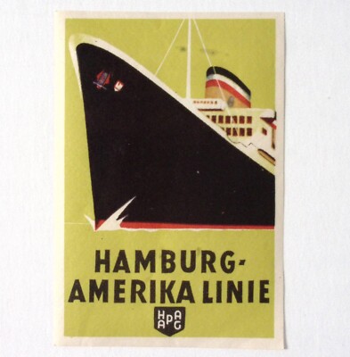 Hamburg Amerika Line Steamship 3 x 4'' Luggage Label c1940s