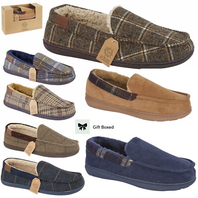 Mens Jo Joe Slippers Faux Suede Faux Fur Lined Moccasin
