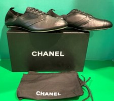 Chanel Lace Leather Sneakers Dark Blue Size 38 5B Retail 850 New Old Stock