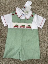 BOY BOUTIQUE SMOCKED GREEN CHECKED ORIENT EXPRESSED JON JON ROMPER SET NWT