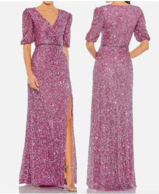 MAC DUGGAL 5610 PUFF SLEEVE SEQUIN WRAP PLUM GOWN   sz 14