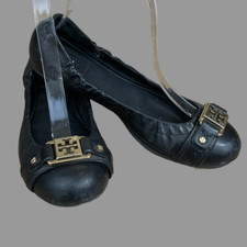 Tory Burch Ballet Flat Slippers Gold Medallion at Toes Black Leather Size 6 M