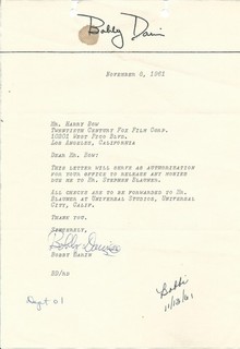 BOBBY DARIN ORIGINAL & VINTAGE 1961 LETTER TO CENTURY FOX SIGNED BY SECRETARY