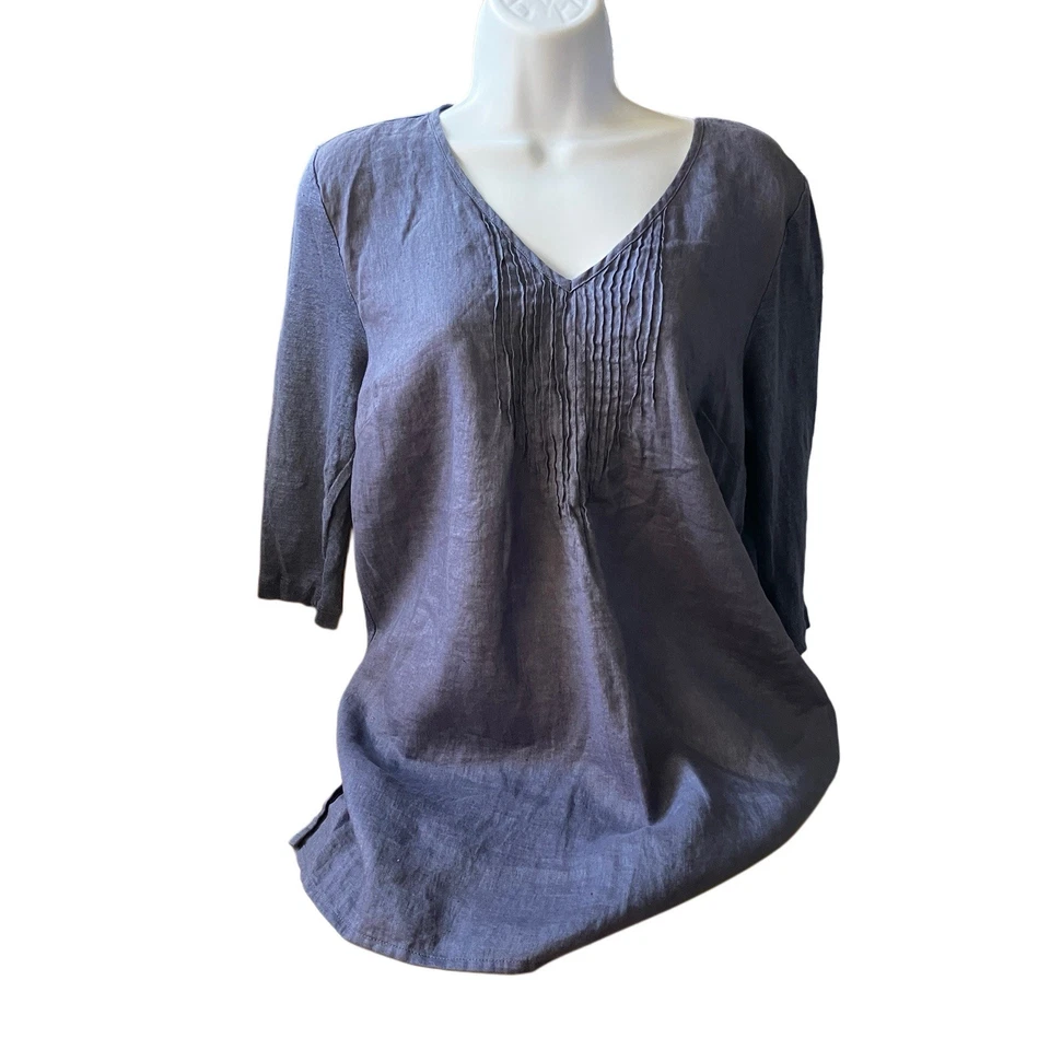 J. Jill Love Linen Size M Blue Tunic 3/4 Sleeve Pintuck Pleat V-neck NWOT - image 2 of 4