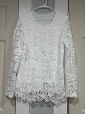 Women's White Floral Crochet Lace Blouse Long Sleeve Scalloped Top