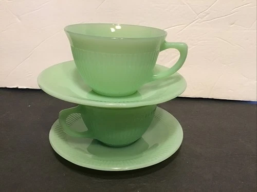 1950's Fire King Jadeite Green Ribbed Tea Cup & Saucer Set of 2
