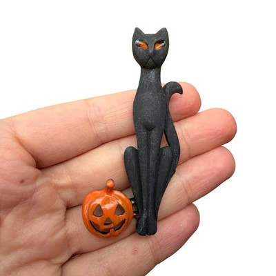 Hard To Find AJC Spooky Black Cat With Smiling Pumpkin Friend Brooch