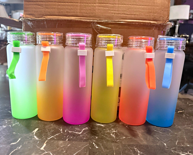 Case (30) 17 oz Frosted Gradient Glass Water Bottles Sublimation Blanks w/ Strap
