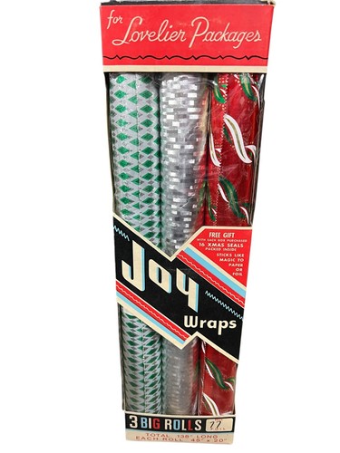 Vtg 50s Pkg of 3 Rolls JOY Wraps Foil Christmas Wrapping Paper Ea Roll 45" x 20"