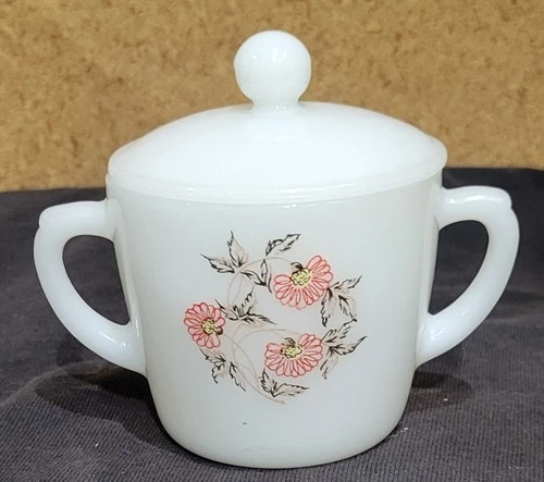 Vintage Discontinued Fire King Fleurette sugar bowl with lid