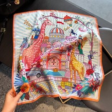 100 Mulberry Silk Scarf 20in Square Giraffe Castle Print Hair Neck Bag Gift