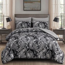 DJY Black Paisley Comforter Set Queen Size, 7 Piece Bed in a Bag Black Gray Boho