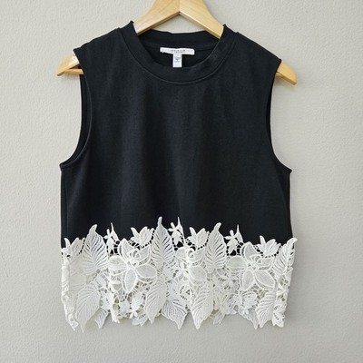 $250 Derek Lam 10 Crosby Women's Black Lea Lace Trim Tank Top Size 4