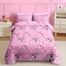 7 Pcs Comforter Set Full Size, Cute Pink Unicorn Bedding for Kids Teen, Carto...