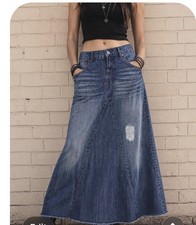 VTG Mudd Denim Jean Maxi Skirt Size 5 Y2K Grunge Boho Frayed Distressed Modest