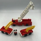Vintage Fisher Price Little People Set of 3 Fire Trucks Wooden Fireman Dog 5 Pc