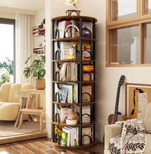 6 Tier Rotating Bookshelf Tower Revolving Bookcase Rustic Brown