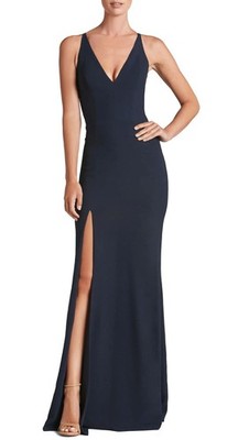 Women's Iris Spaghetti Strap Plunging Long Dress, Midnight Blue, Medium