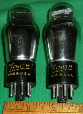 (2) ZENITH 6X5G Full-Wave Rectifier Tubes Tested OK! Clean! 9Y & 0Y codes (1930s