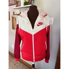 Nike Windrunner Women Hooded Jacket Red White Colorblock Full Zip Large