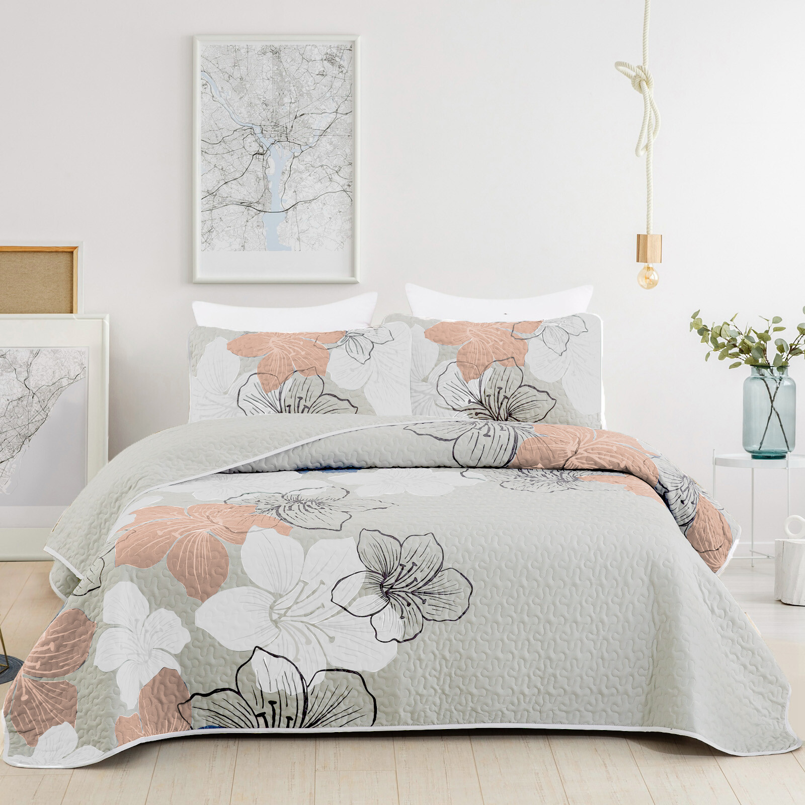 Floral Queen/King Size Bedspread Set + 