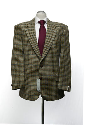 Harris Tweed Sakko Jackett 26 grün oliv kariert einreihig 2-Knopf Lederknopf Neu