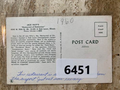 Vintage 1960 Restaurant Of Distinction Postcard Oak Lawn Illinois - Picture 2 of 2