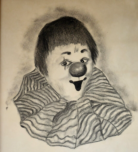 Vintage Clown Pencil Drawing Black & White Art Original Decor 12" x 16" - Picture 3 of 6