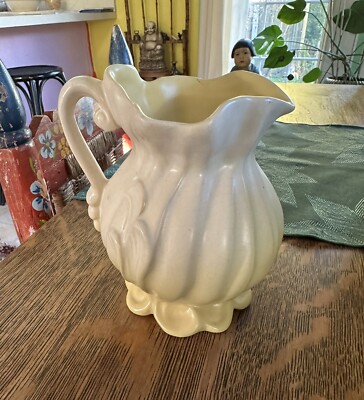 Vintage Weller Roba Pattern Pitcher Ewer Yellow And White 6 Inch