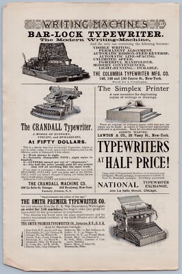 1885 Vintage Typewriter Ads Columbia Bar Lock + Crandall + Smith Premier