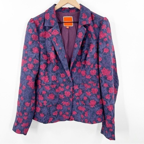 Modcloth Blue Purple Multi Color Floral Brocade Ruffle Peplum Blazer Jacket L