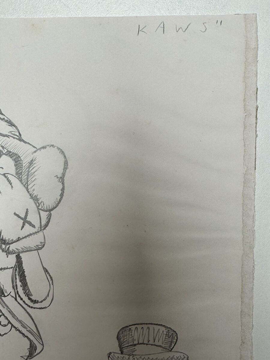 KAWS (Handmade) Drawing On old Paper Signed Mixed Media, Vtg KAWS (Handmade) Drawing On old Paper Signed Mixed Media, Vtg